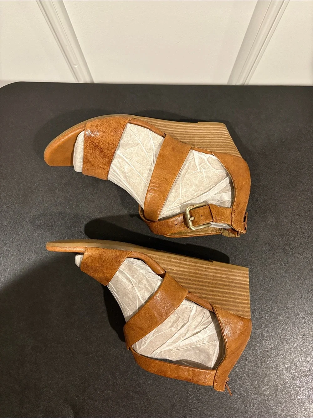 Sofft Tan Leather Crisscross Wedge Sandals